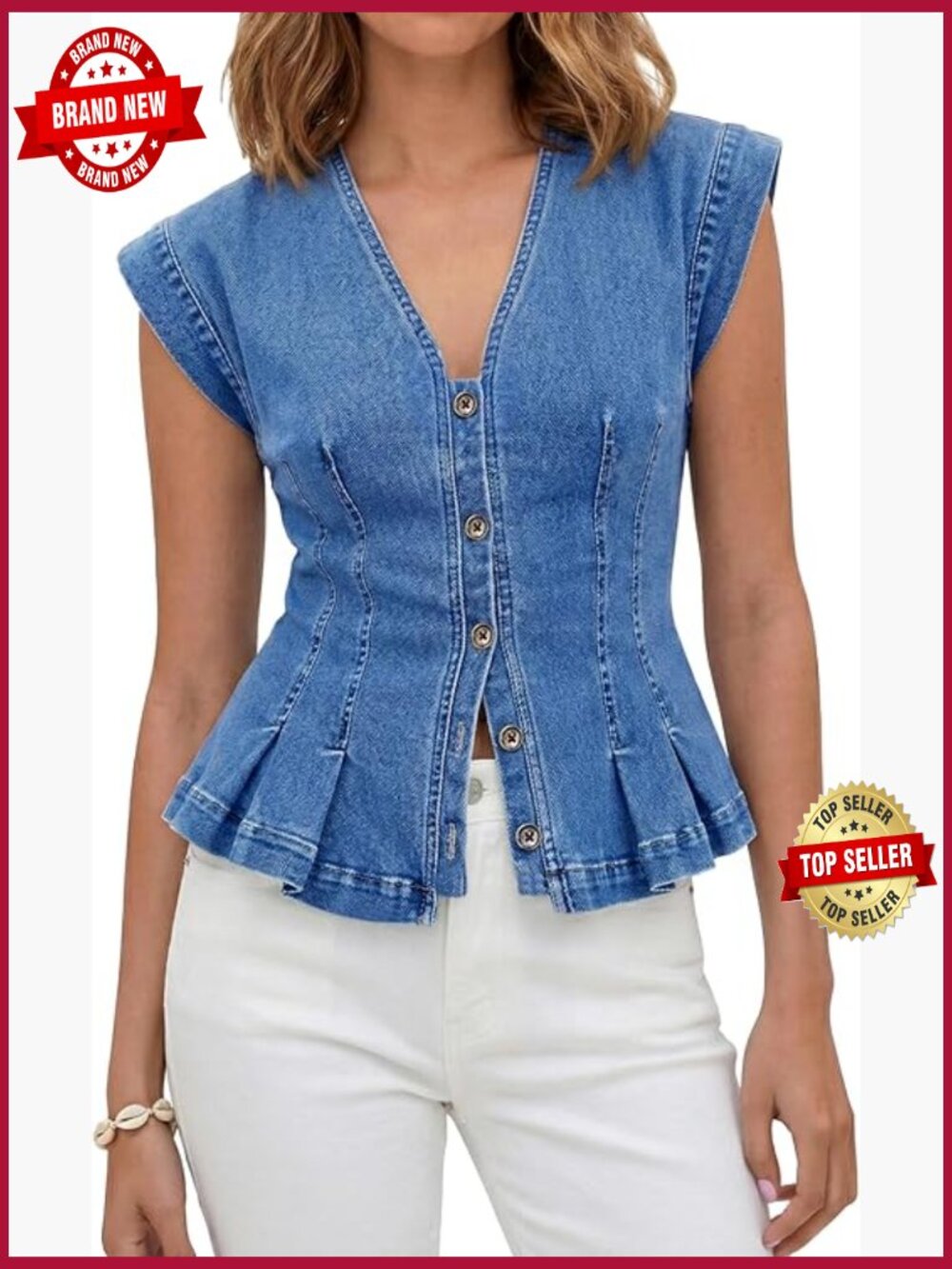 V Neck Denim Vest Top Trendy Y2K Sleeveless Jean Vest Casual Button Down
